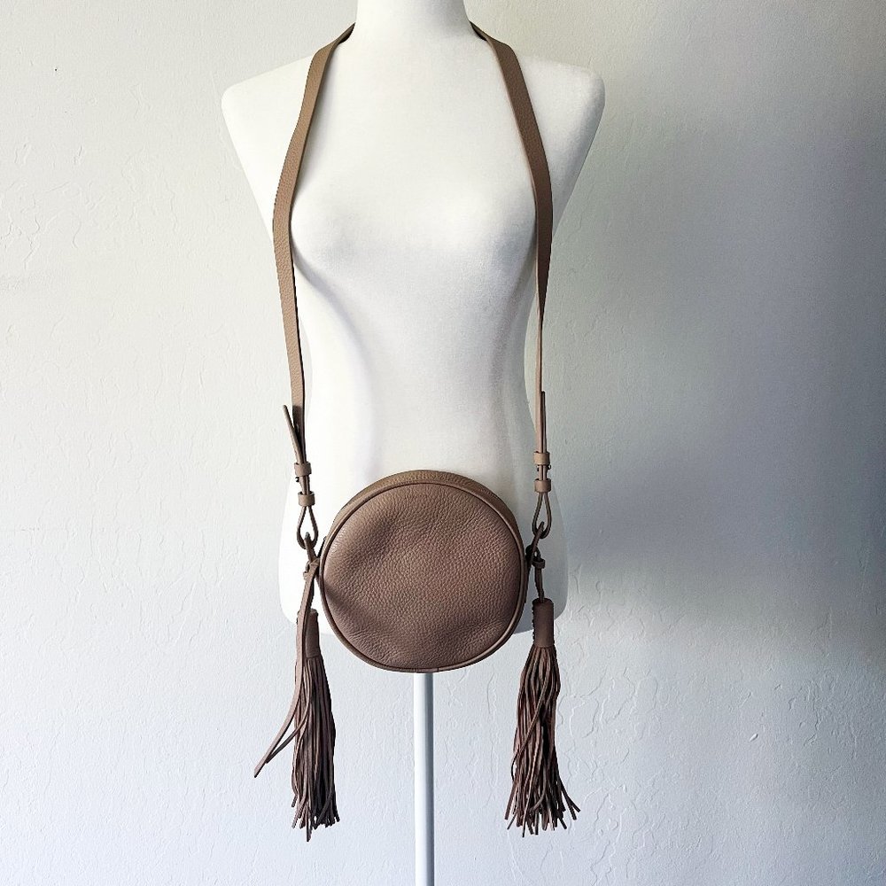 AllSaints Kepi Round Crossbody Almond Brown Taupe Tassel Real Leather Small bag